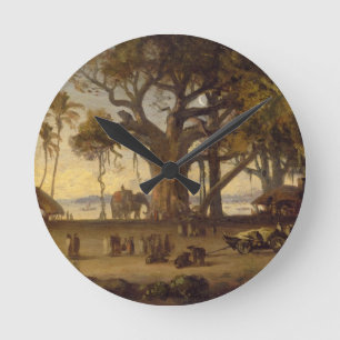 Moonlit Scene of Indian Figures and Elephants amon Round Clock