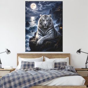Moonlit Sea Guardian   White Tiger Fantasy Art   O Canvas Print