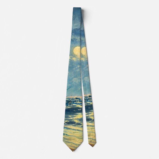 Moonlit Seaview, fine art painting Tie (Front)