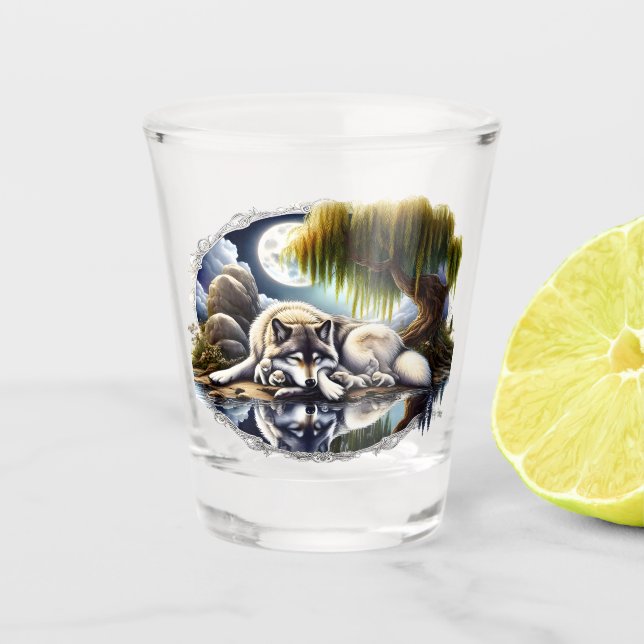 Moonlit Serenity A Slumbering Wolf Shot Glass (Front)