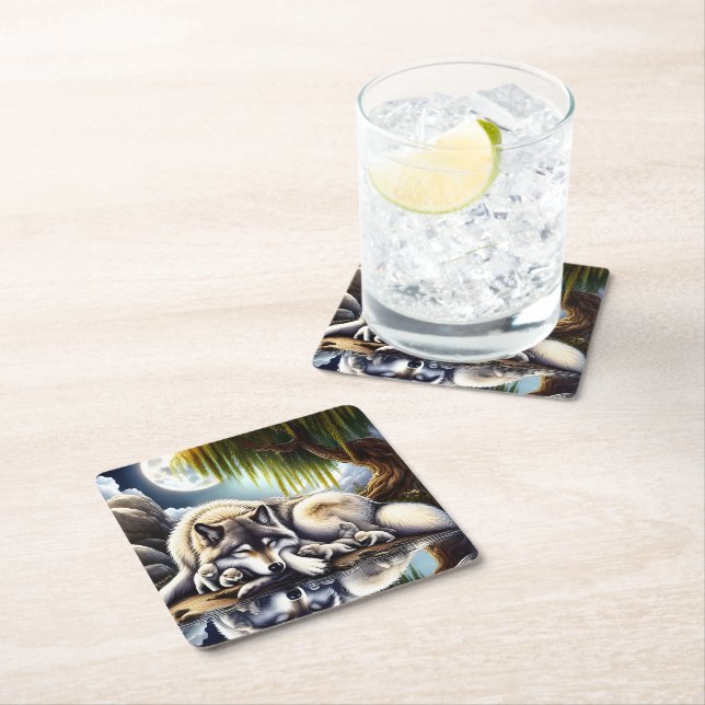 Moonlit Serenity A Slumbering Wolf Square Paper Coaster (Insitu)