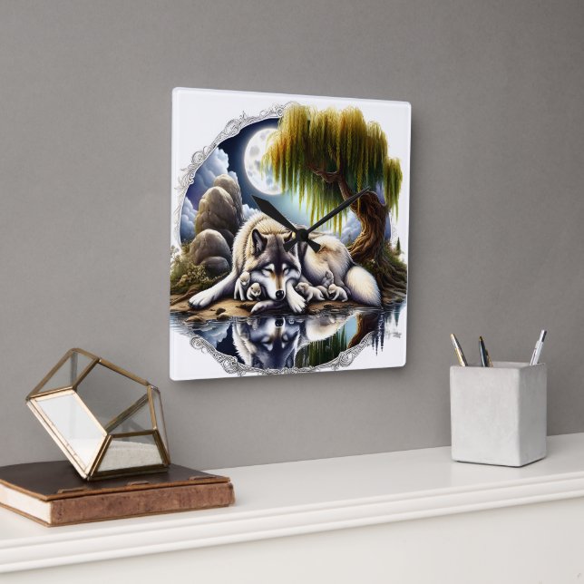 Moonlit Serenity A Slumbering Wolf Square Wall Clock (Office)