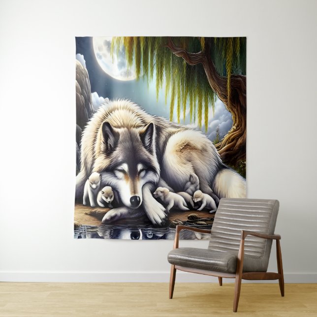 Moonlit Serenity A Slumbering Wolf Tapestry (In Situ)