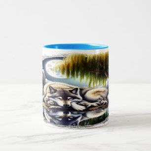 Moonlit Serenity A Slumbering Wolf Two-Tone Coffee Mug