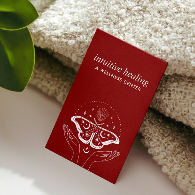 Moonlit Serenity: Embrace Healing Hands Business Card (Opened hands third eye moon phases moth butterfly yoga healing centre business)