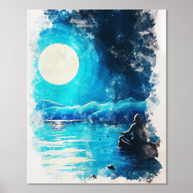 Moonlit Serenity  Meditative Nightscape Watercolor Foil Prints (Front)