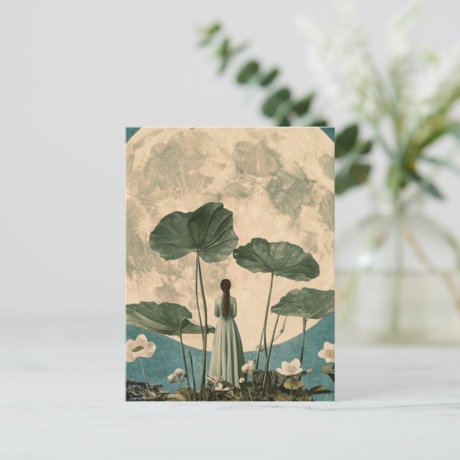Moonlit Serenity – Vintage Lotus Scene Postcard (Standing Front)