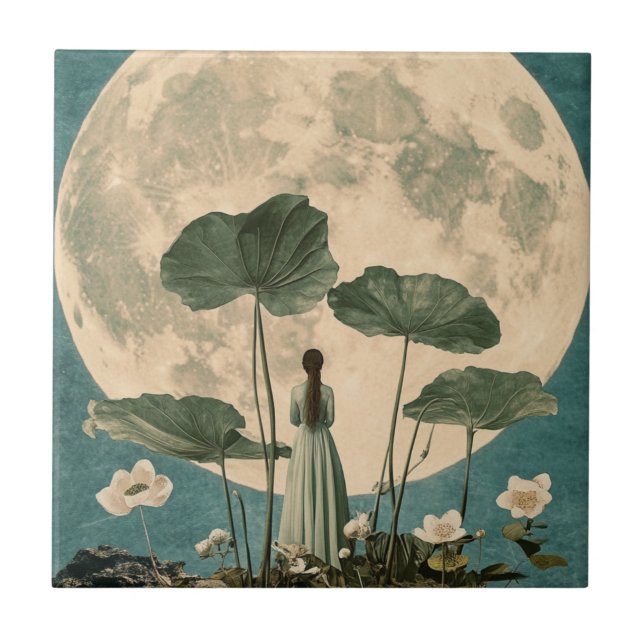 Moonlit Serenity – Vintage Lotus Scene Tile (Front)