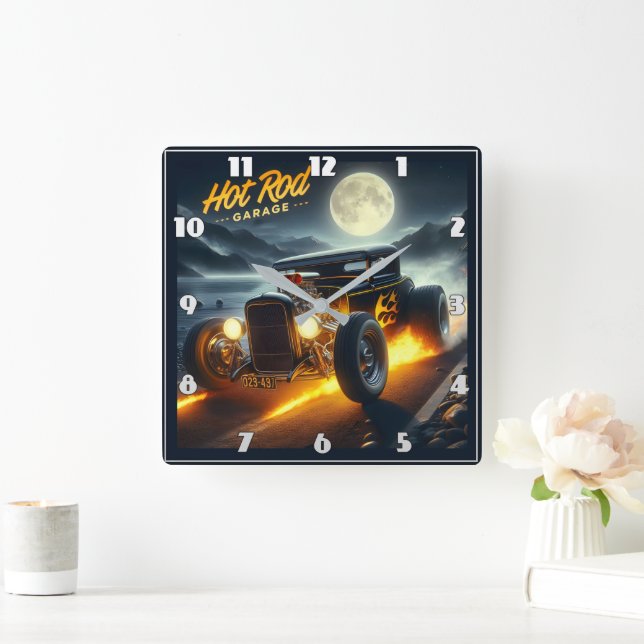 Moonlit shore cruise in a hot rod square wall clock (Home)