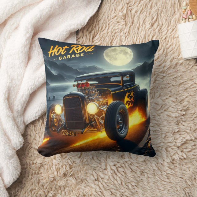 Moonlit shore cruise in a hot rod throw pillow (Blanket)