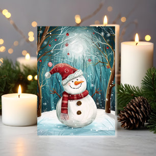 Moonlit Snowman Magic in Enchanted Winter Forest Card