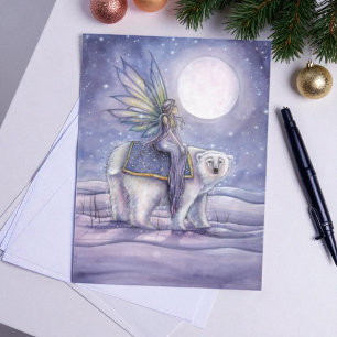 Moonlit Solstice Fairy and Polar Bear Art Postcard