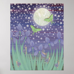 moonlit stars, luna moths, snails, & irises poster
