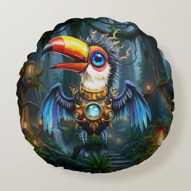 Moonlit Steampunk Toucan.  Round Pillow (Front)