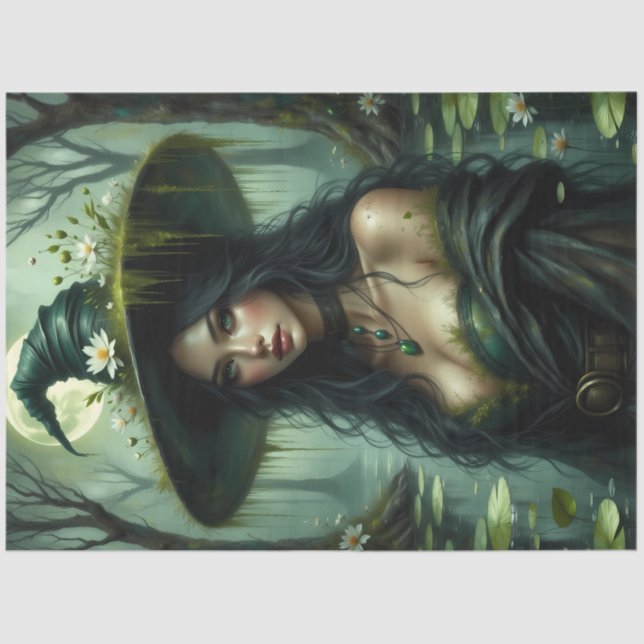 Moonlit Swamp Witch with Daisies in Marsh Tissue Paper (Front)