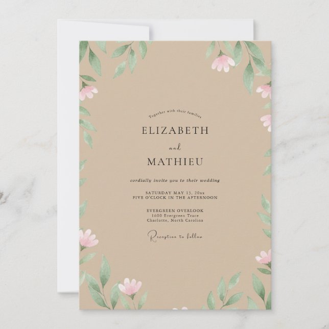 Moonlit Taupe Mint Petal Wedding Invitation (Front)