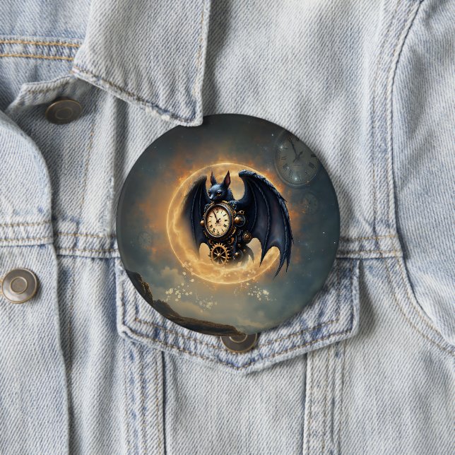 Moonlit Timekeeper – Steampunk Bat  4 Inch Round Button (In Situ)