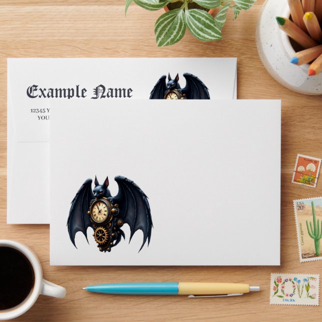 Moonlit Timekeeper – Steampunk Bat Envelope (Desk)