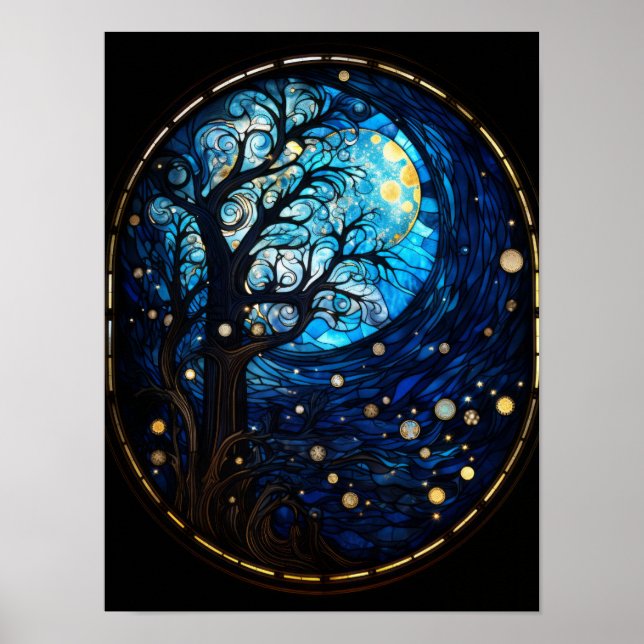 Moonlit Tree Stained Glass Celestial Art Poster (Front)
