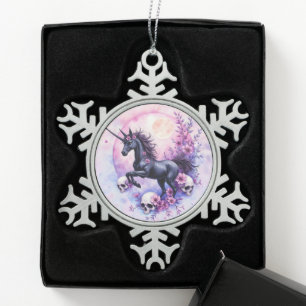 Moonlit Unicorn Among Forgotten Roses, Snowflake Pewter Christmas Ornament
