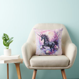 Moonlit Unicorn Among Forgotten Roses, Throw Pillow