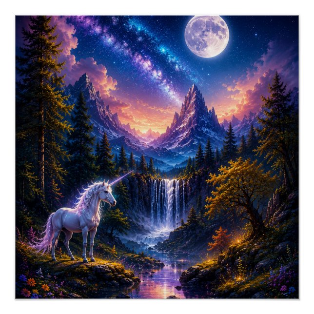 Moonlit Unicorn Fantasy landscape Poster Wall Art (Front)