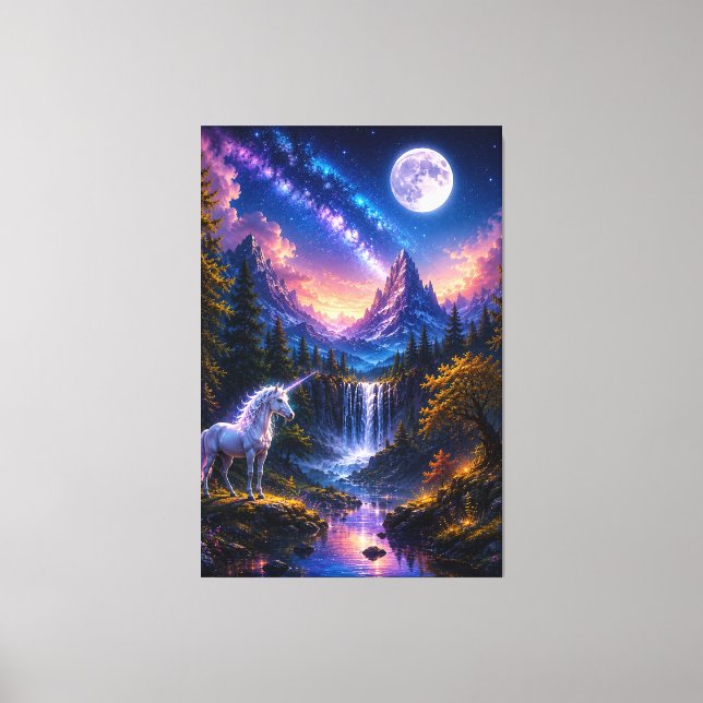 Moonlit Unicorn Fantasy Stretched Canvas Wall Art (Front)
