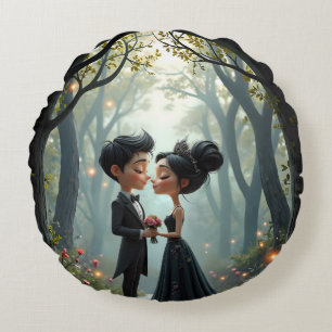 Moonlit Vows – A Cute Gothic Wedding Moment. Round Pillow