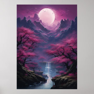 Moonlit Waterfall and Colourful Scenery Poster