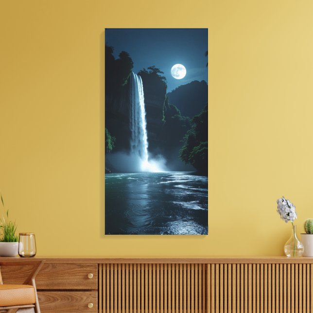 Moonlit Waterfall – Cinematic Night Landscape Canvas Print (Insitu(LivingRoom))