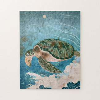 Moonlit Waves - Sea Turtle, Japanese Art Jigsaw Puzzle