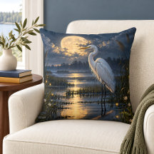 Moonlit White Egret Golden Moon Wetland