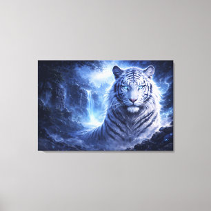 Moonlit White Tiger Guardian – Blue Fantasy Spirit Canvas Print