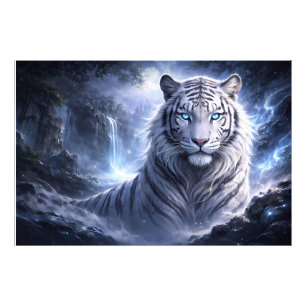 Moonlit White Tiger Guardian – Blue Fantasy Spirit Photo Print