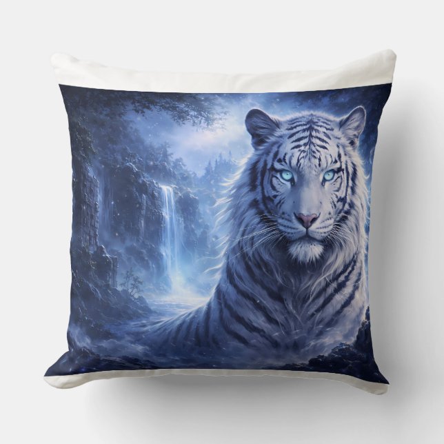 Moonlit White Tiger Guardian – Blue Fantasy Spirit Throw Pillow (Front)