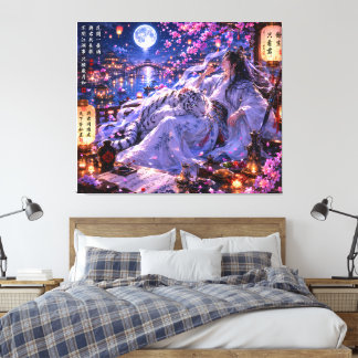 Moonlit White Tiger Guardian – Fantasy Cherry Blos Canvas Print