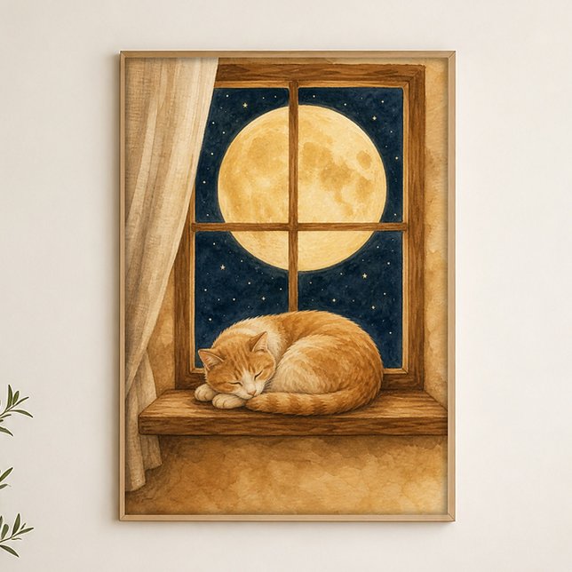 Moonlit Windowsill Cat Watercolour Poster (Shown framed for scale. Poster ships unframed; frames are an optional add-on.)