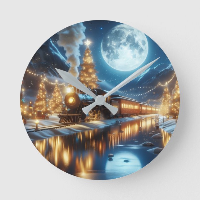 Moonlit Winter Christmas Train Round Clock (Front)