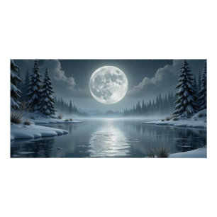 Moonlit Winter Lake – Serene Night Landscape Art Poster