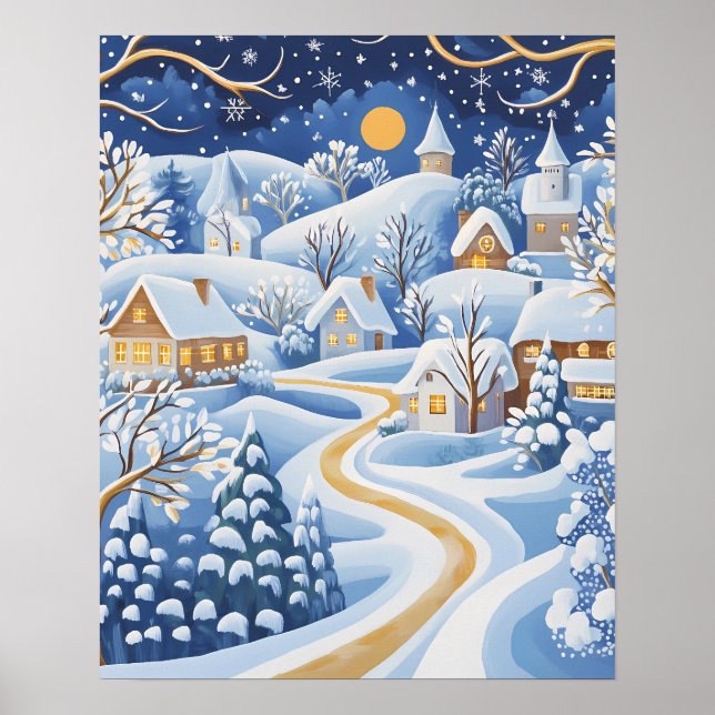 Moonlit Winter Village with Snowy Pathway Poster (Front)
