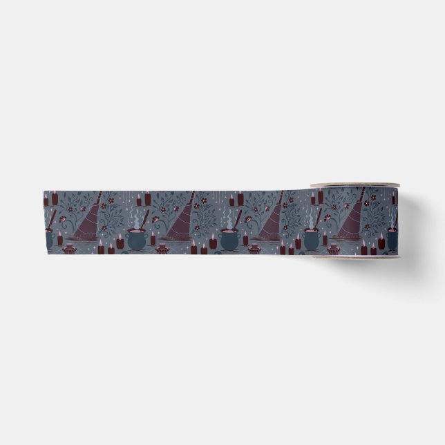 Moonlit Witchy Halloween Pattern Satin Ribbon (Front)