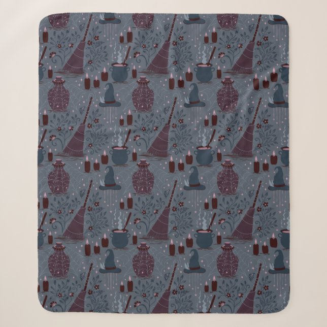 Moonlit Witchy Halloween Pattern Sherpa Blanket (Front)