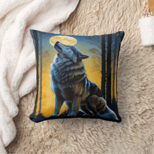 Moonlit Wolf Howling at Dusk. Throw Pillow