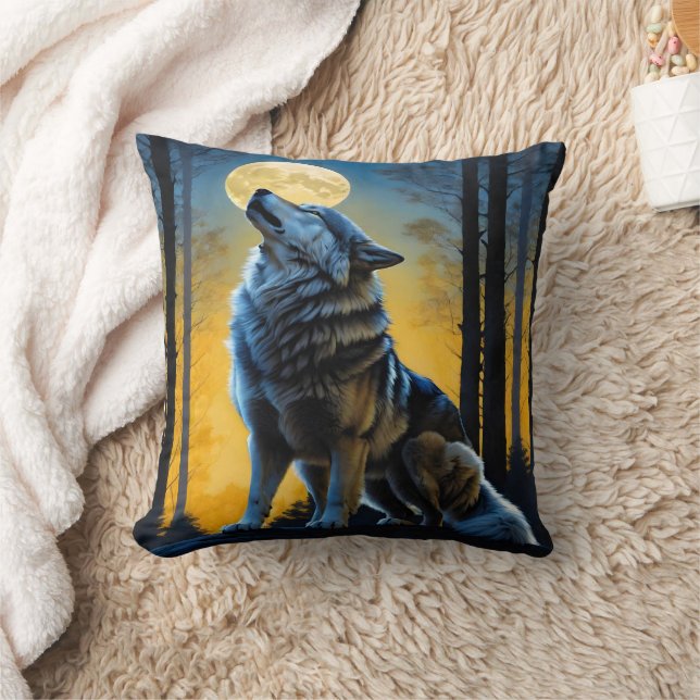 Moonlit Wolf Howling at Dusk.  Throw Pillow (Blanket)