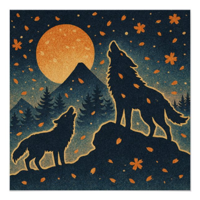 Moonlit Wolves & Mount Fuji – Japanese Night Art  Poster (Front)