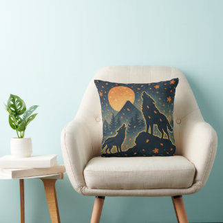 Moonlit Wolves & Mount Fuji – Japanese Night Art Throw Pillow