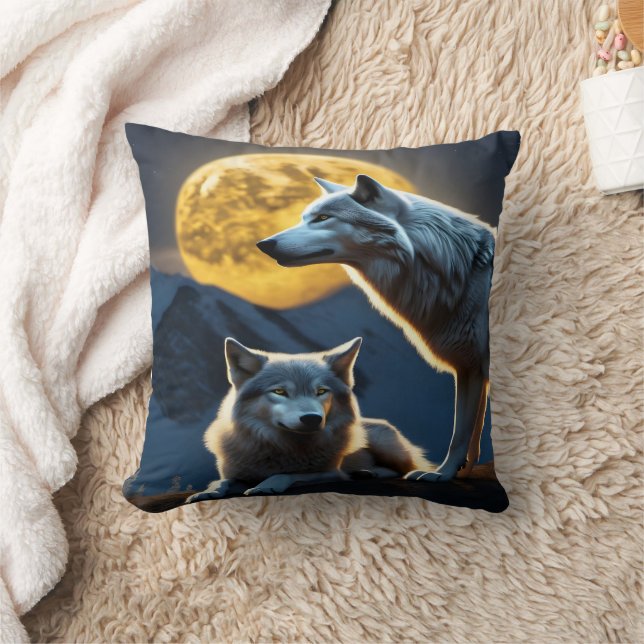 Moonlit Wolves on Mountain Ridge.  Throw Pillow (Blanket)