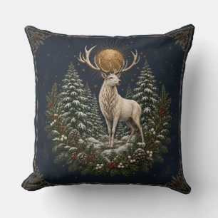 Moonlit Yule White Stag Winter Throw Pillow
