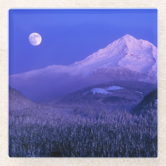 Moonrise over Mt Hood winter, Oregon Glass Coaster (Front)