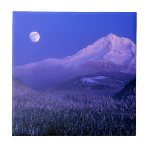 Moonrise over Mt Hood winter, Oregon Tile